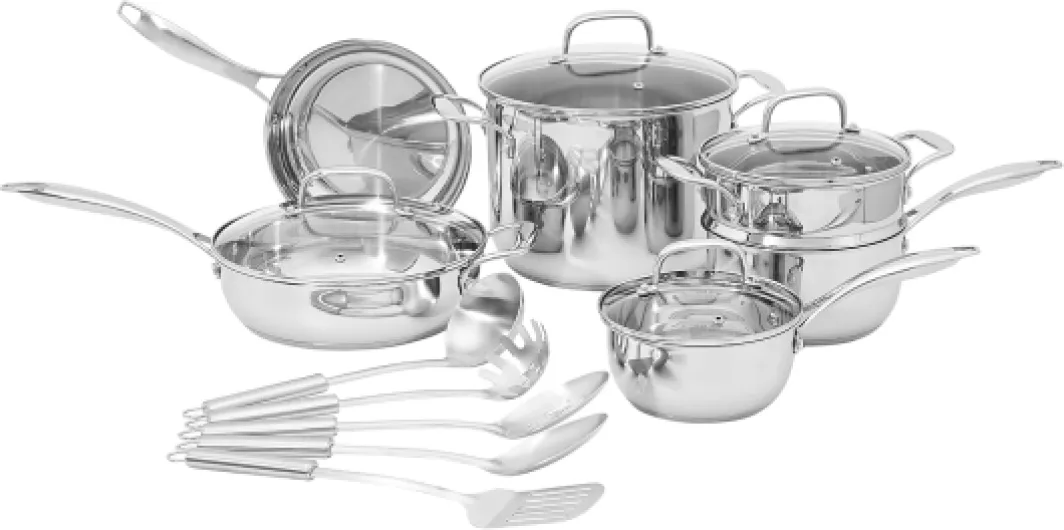 Batterie de cuisine ensemble de 15 pièces en acier inoxydable – Casseroles, poêles et ustensiles, Argenté