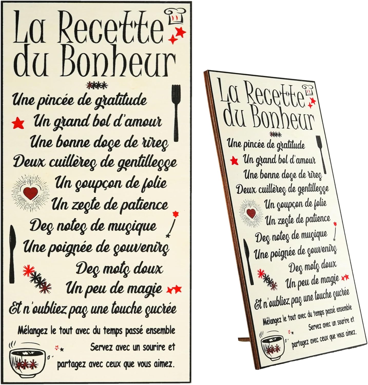 Tableau décoration murale « La Recette du Bonheur » – Cadre en bois 30x15 cm à poser ou à accrocher – panneau mural bois cuisine ou maison, idée cadeau chaleureux
