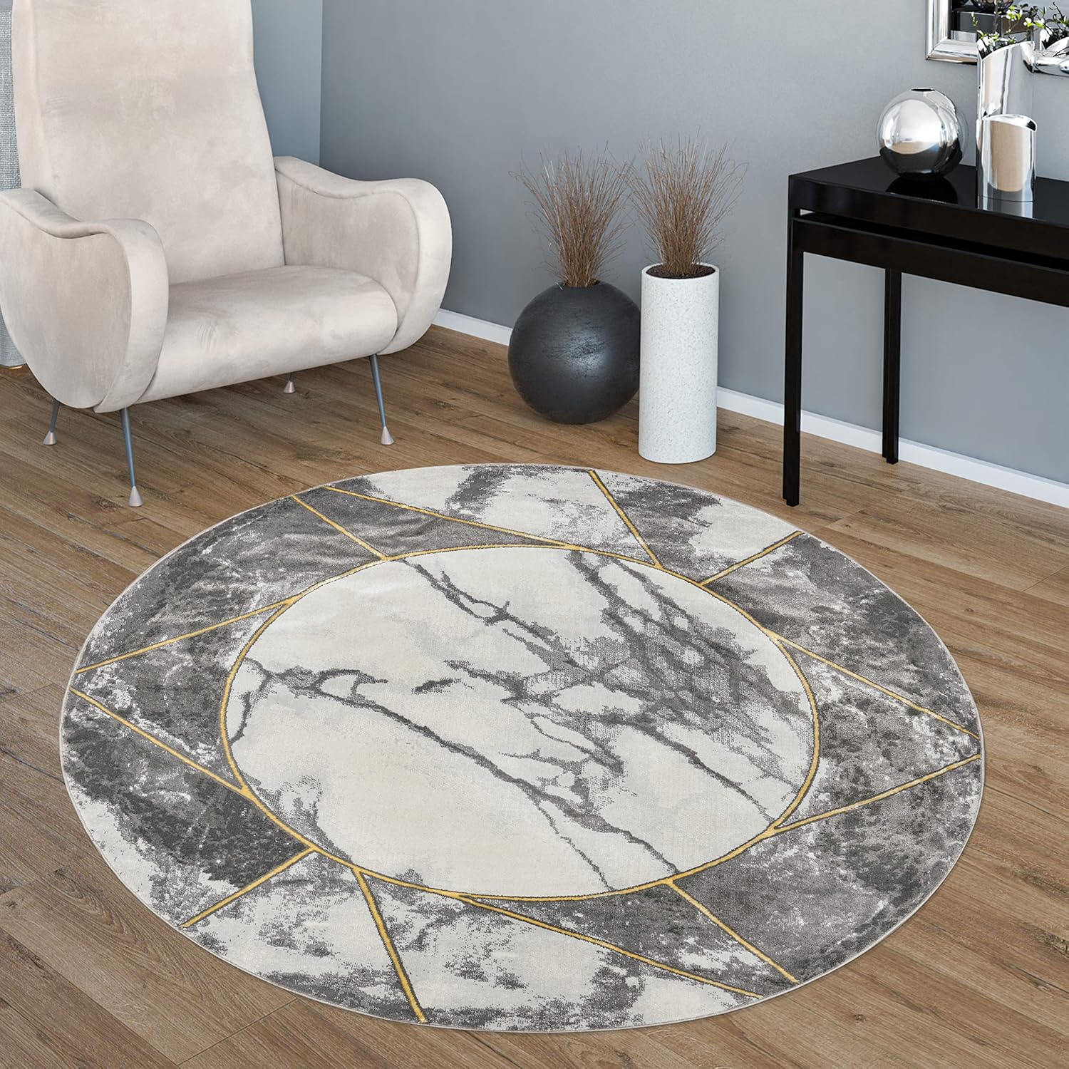 Tapis Poil Ras Gris Doré Doux Salon Aspect Marbré Différents Designs, Dimension:160 cm Rond, Couleur:Or 5 160 cm (Rond) Or 5