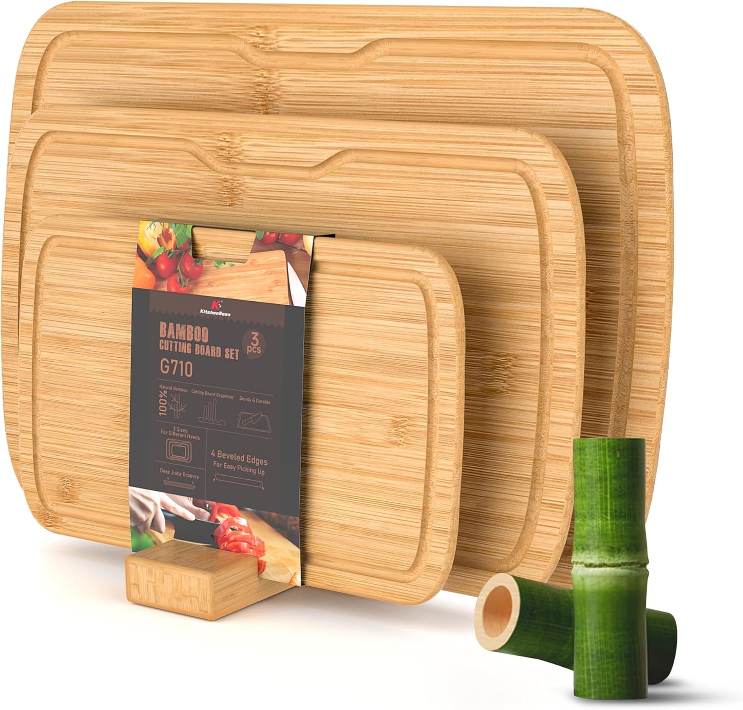 Planche a Decouper Bois en Bambou : Planche Bois Professionnelle Massif - 3 Stück 38x25cm/33x20cm/25x15cm - Antimicrobienne pour Cuisine, Pain, Viande ou Légumes