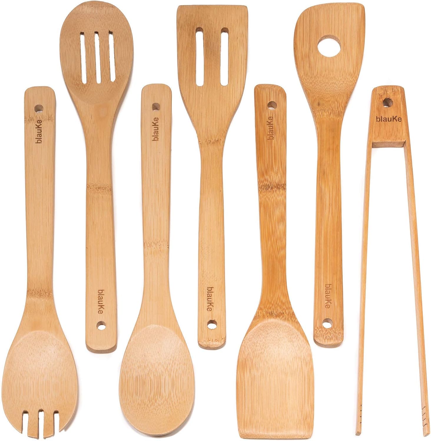 Ustensiles de Cuisine en Bois de Bambou – Set de 7 Accessoires Anti-Rayures (Cuillères, Spatules, Pinces) – Ensemble Ustensiles de Cuisine en Bambou 100% Écologiques et Naturels – BlauKe®