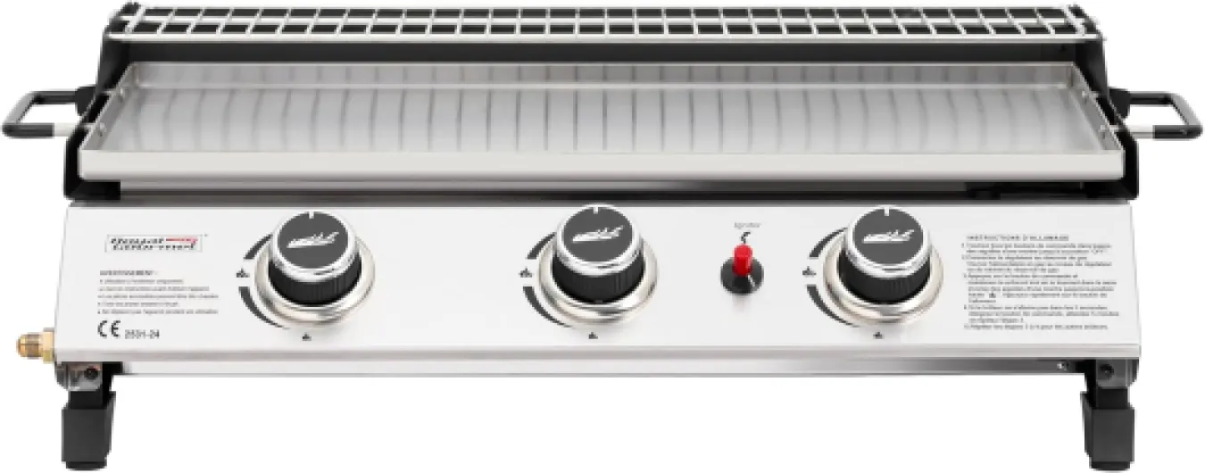 Plancha Gaz Propane en Acier Inoxydable, 3 Brûleurs Puissance 7.5kW, Surface Cuisson 61,5 x 32cm avec Grille de Réchauffage, Adapté pour Le Camping et l' Extérieur, Argent