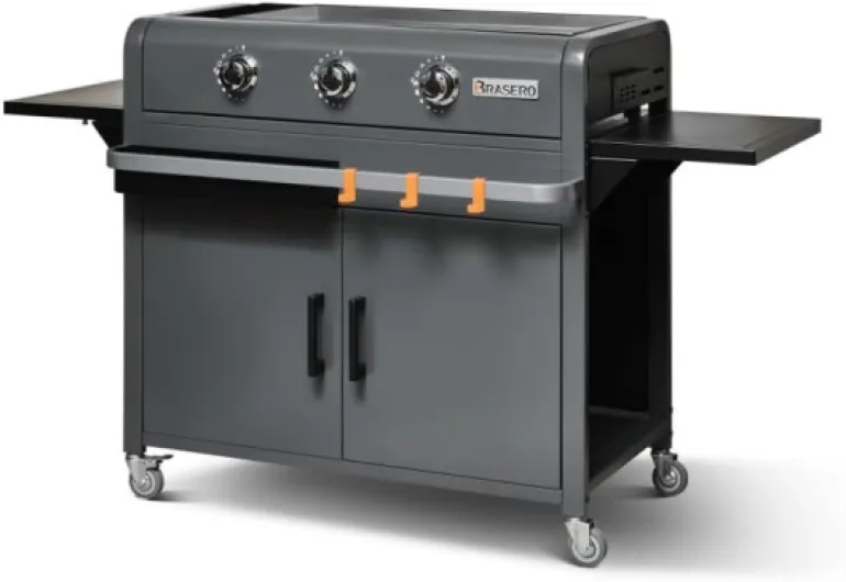 BRASERO - Plancha Lola sur Chariot équipé Gun Metal - 3 Feux à gaz - Jusqu'à 12 convives - Surface de Cuisson 68,5 x 35,50 cm - 7,2 KW - Récupérateur de Graisse, Gun Metal