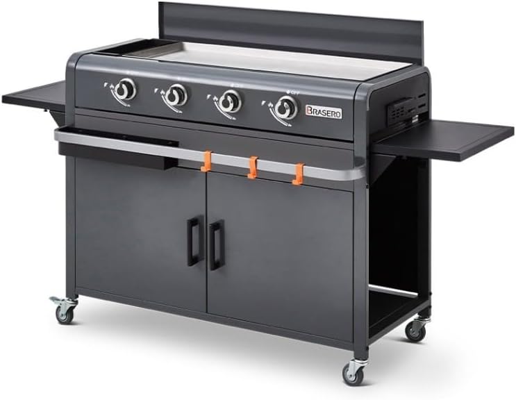 BRASERO - Plancha Lola à gaz sur Chariot équipé Gun Metal - 4 brûleurs à gaz - jusqu'à 14 convives - Surface de Cuisson 88 x 35,5 cm - 9,6 KW - Récupérateur de Graisse