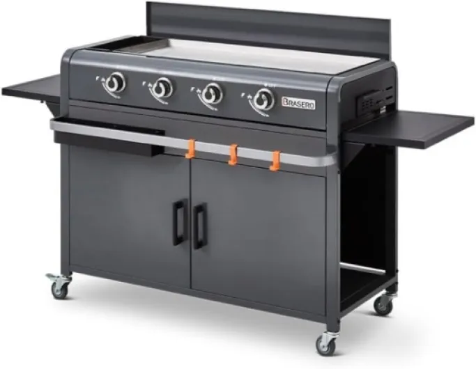 Plancha Lola à gaz sur Chariot équipé Gun Metal - 4 brûleurs à gaz - jusqu'à 14 convives - Surface de Cuisson 88 x 35,5 cm - 9,6 KW - Récupérateur de Graisse