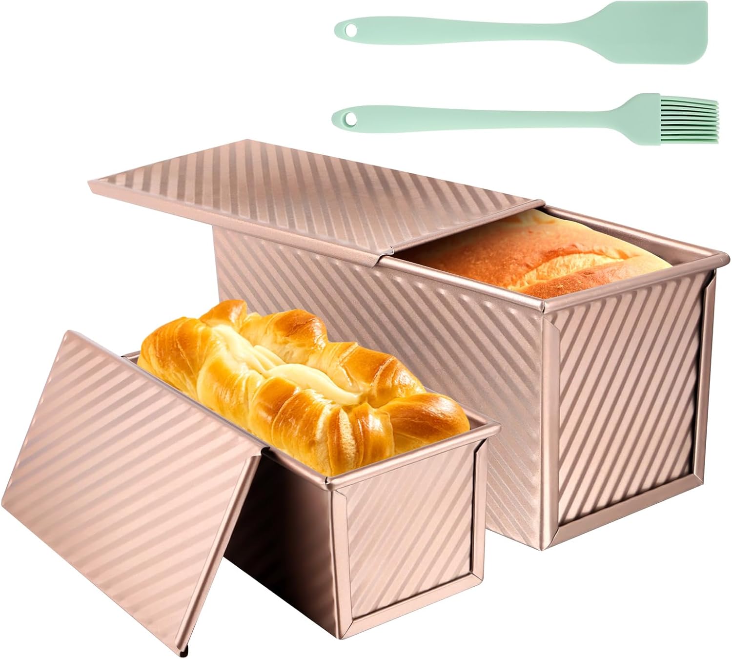 Moules pour la pâte à pain,Lot de 2 moules à pain grillé avec couvercle,Assiette à Gâteau Rectangulaire,En aluminium et acier inoxydable,ideal pour Faire des Baguettes et des Brownies à Sandwich