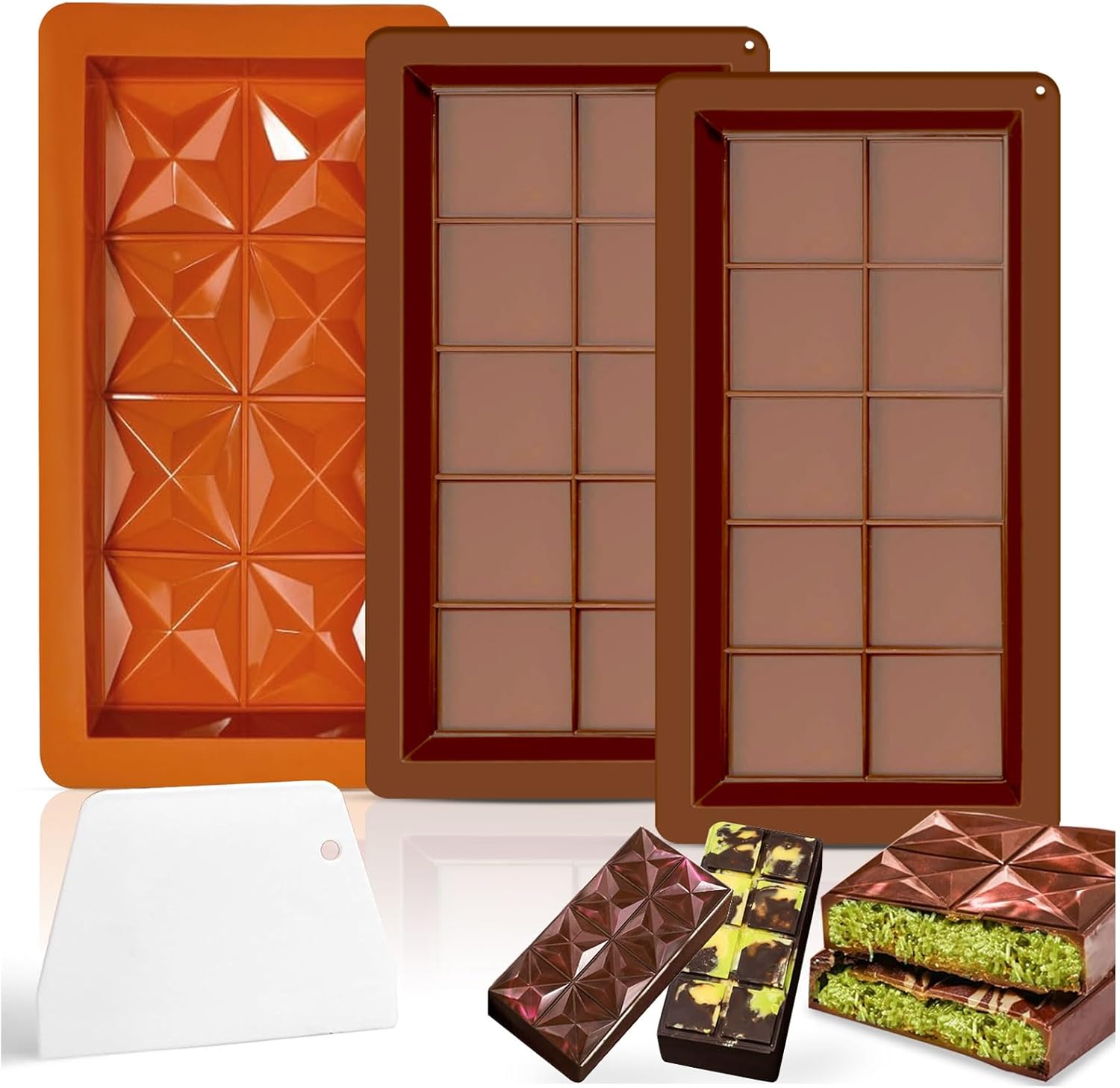 Audasi 3Pcs Moule Tablette Chocolat Moules Pour Barres Chocolatées Profondes Silicone Moules À Chocolat Anti-Adhésifs Réutilisables Pour La Pâtisserie Diamant Et Forme Carrée Moules Avec Grattoir