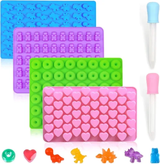 Pmueuff 4 Pièces Moules à Bonbons, Moule à Chocolat Réutilisables, Moule Bonbon Silicone Sans bpa, Avec 2 Compte-gouttes pour Friandises Maison, Biscuits, Chocolats, Glaçons, Bonbon