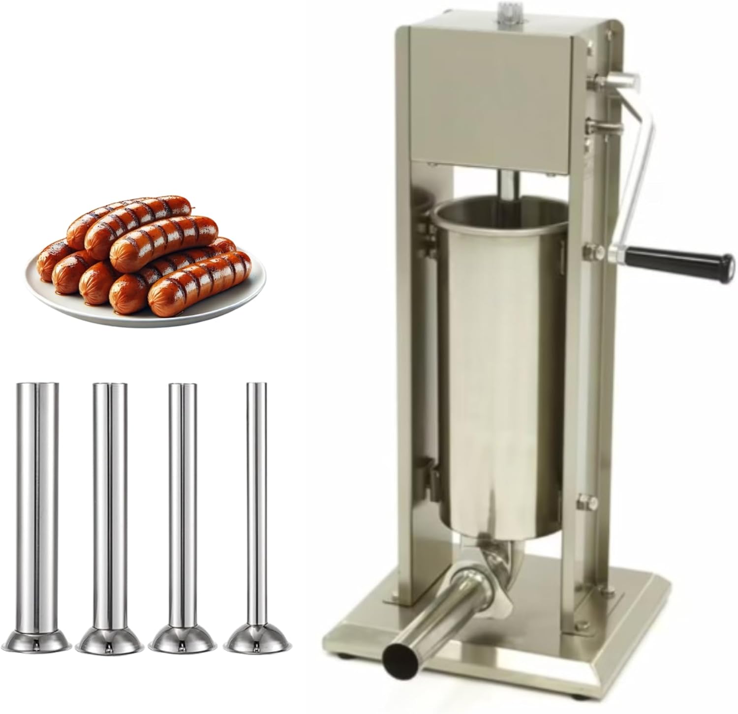 Générique Poussoir à Saucisses Manuel Vertical 5L - Acier Inoxydable - 4 Tubes Inclus - 2 Vitesses - Idéal pour Charcuterie et Boucheries
