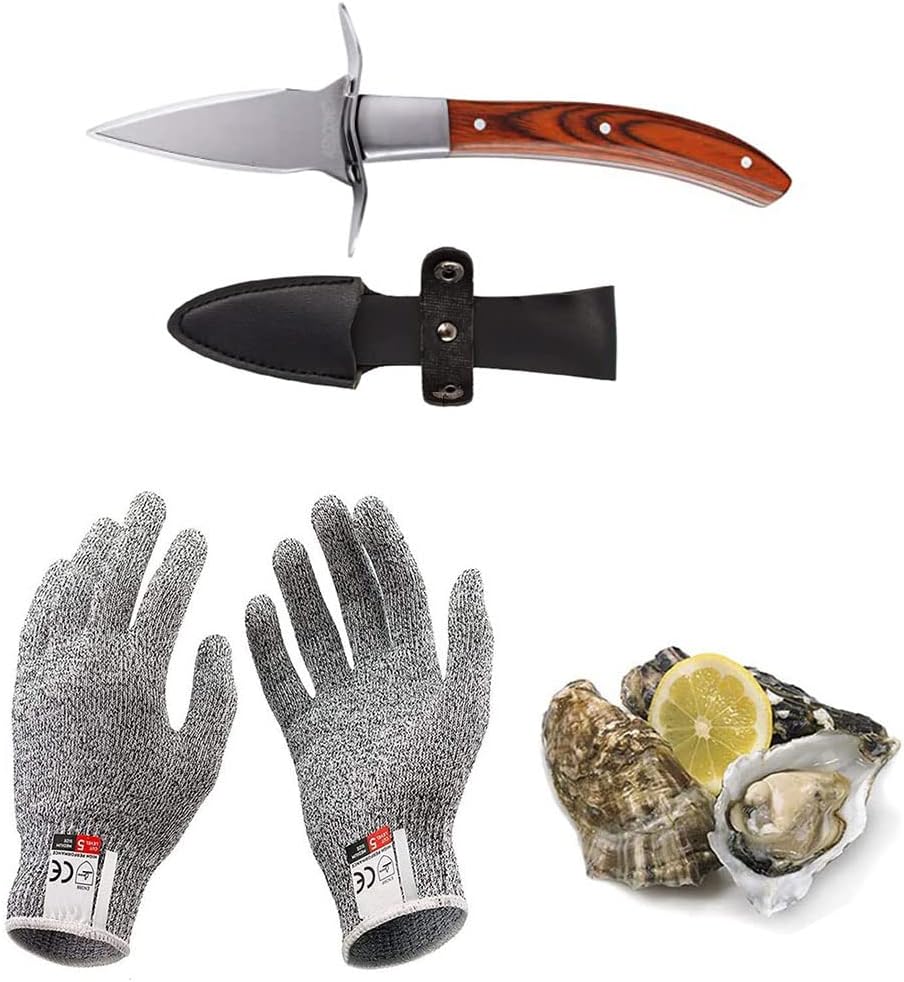 Kaqisen Ensemble de couteaux à huîtres Ensemble de couteaux à huîtres Ouvre-huîtres Résistant aux coupures et gants pour moules ou fromage à pâte dure Manche en bois approprié Acier inoxydable Red(M)