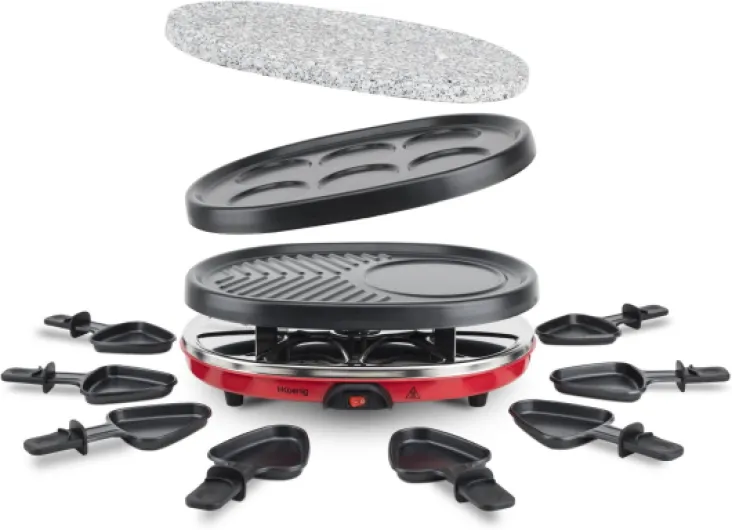 H.Koenig Appareil à raclette Multifonction 8 personnes Professionnel RP412, Pierre naturelle, 6 mini crêpes pancakes, Grill, Raclette fromage fondue, 8 poêlons antiadhésifs