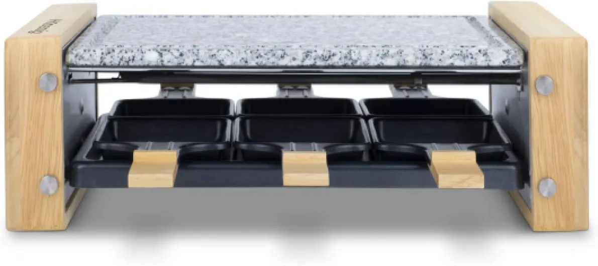 H.Koenig Appareil à raclette Multifonction 6 personnes WOD6, Professionnel, Raclette fromage, Fondue, Pierre Granit et bois naturel, Plaque Amovible, 6 poêlons & 6 spatules en bois, 900W