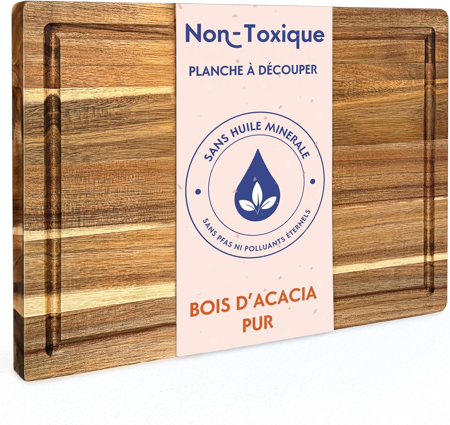 Planche à Découper en Bois Non Toxique – Grande Planche de Cuisine en Acacia Certifiée FSC, Sans Huile Minérale, avec Rainure et Poignées – Ziruma