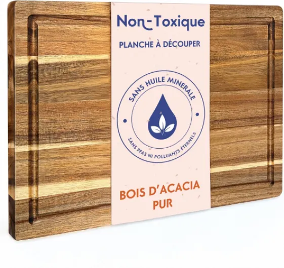 Planche à Découper en Bois Non Toxique – Grande Planche de Cuisine en Acacia Certifiée FSC, Sans Huile Minérale, avec Rainure et Poignées – Ziruma