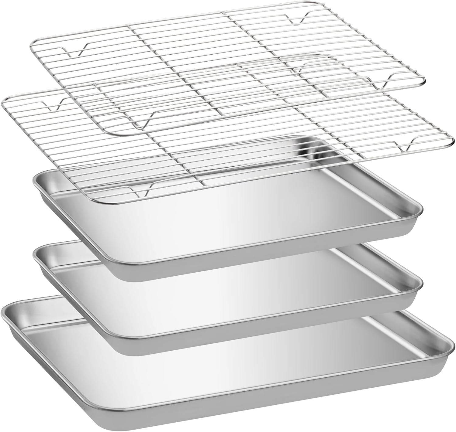 3X Bac Cuisson INOX - Plat Rectangulaire Acier Inoxydable avec Grille de Refroidissement - Plaque Cuisson Four pour Pâtisserie Gratin Frites 41 x 30 x 2.5cm
