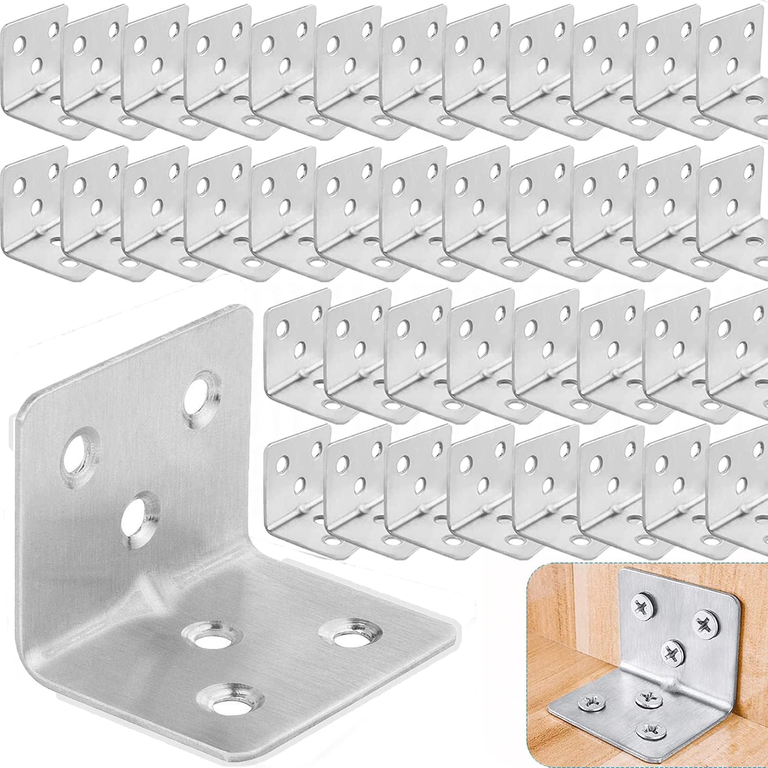 Lot de 64 Équerre d'assemblage Renforcée Inox, 38x30x30mm Aicer Plaque Equerre Inox, Equerre Metal pour Fixation de Inox pour Fixation et Réparation Meubles 38 x 30mm-64pcs