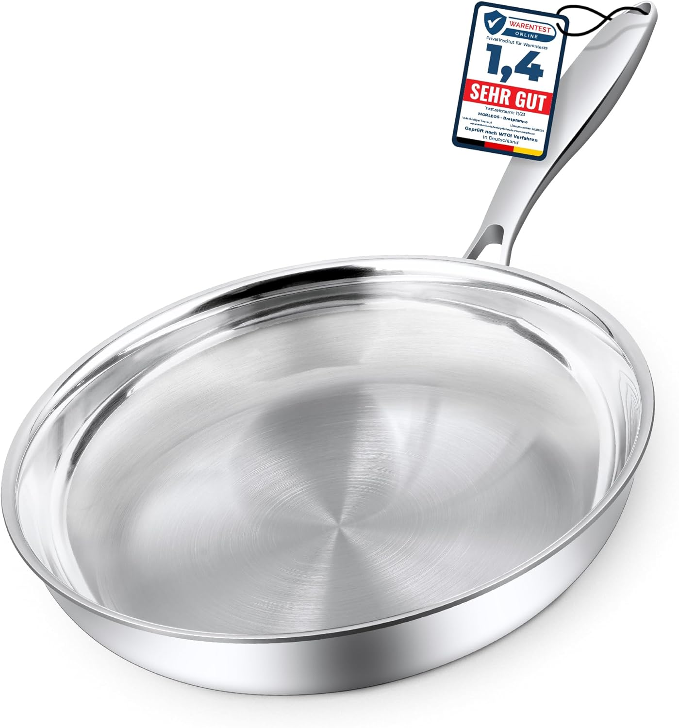 Morleos poêle en acier inoxydable 18/10 Ø 32cm - 5 couches - 3mm - 1,67 kg - Poêle en acier inoxydable pour induction - Lavable au lave-vaisselle et résistant au four jusqu'à 400°C Acier Inoxydable Ø 32cm