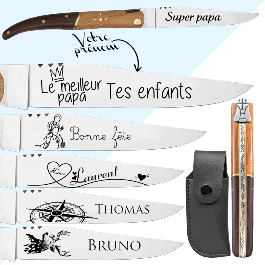 Couteau pliant Laguiole Le Rustique personnalisable – Lame gravée avec un prénom – Lame inox 8cm – Manche bois – Cadeau pour Homme, Papa, Papy - Idée cadeau personnalisable