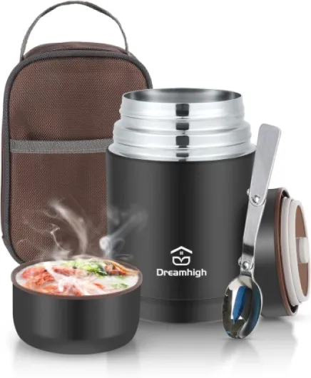 Dreamhigh® Boîte Alimentaire Isotherme 800ml avec Sac à Lunch, Thermo Isolant Contenant avec Cuillère, Thermos Alimentaire Chaud sans BPA, pour Ecole, Bureau, Camping (Noir) Black