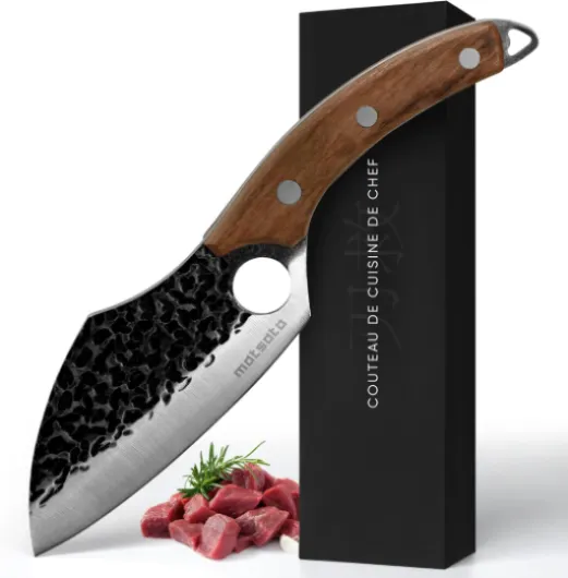 Couteau de Chef Professionnel – Couteau de Cuisine en Acier Inoxydable avec Poignée en Bois Ergonomique, Design avec Trou pour le Doigt, Idéal pour Découpe Viande, Légumes, Fruits et Poisson