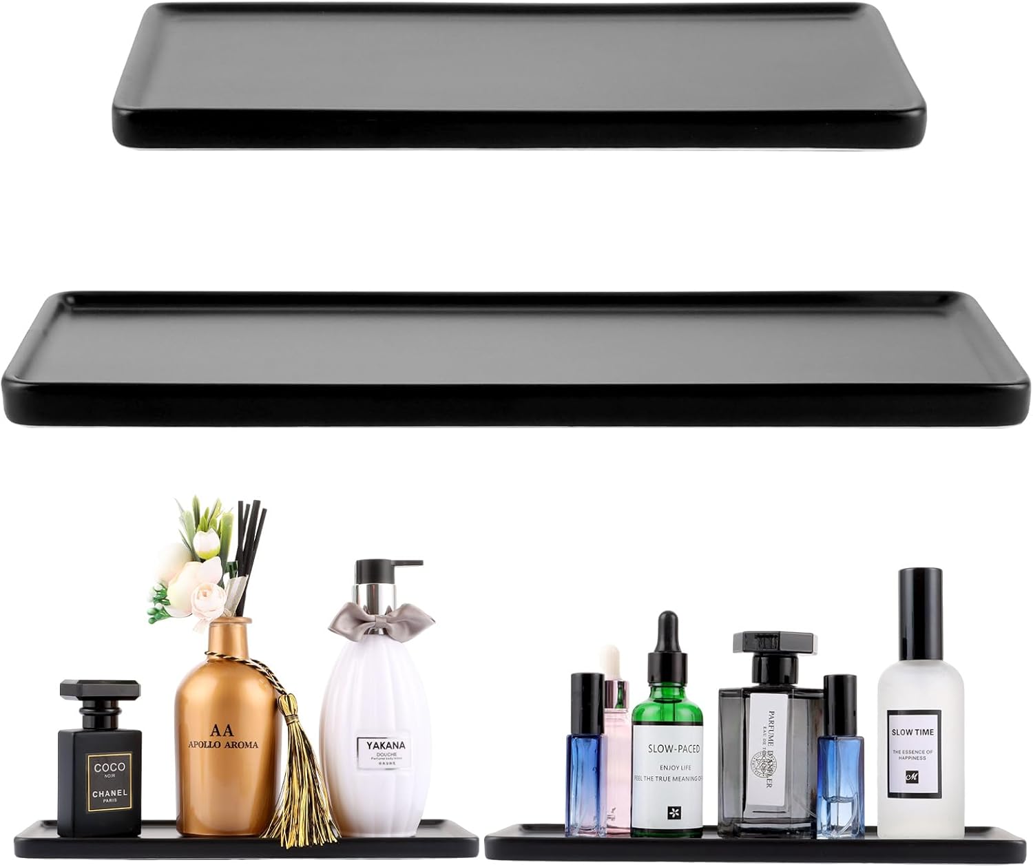 LDHHYH 2 pièces Plateaux Salle de Bain, Plateau Decoratif Rectangulaire Noir, Plateau Rangement Salle de Bain, Plateau en céramique pour Plan de Travail de Salle de Bain