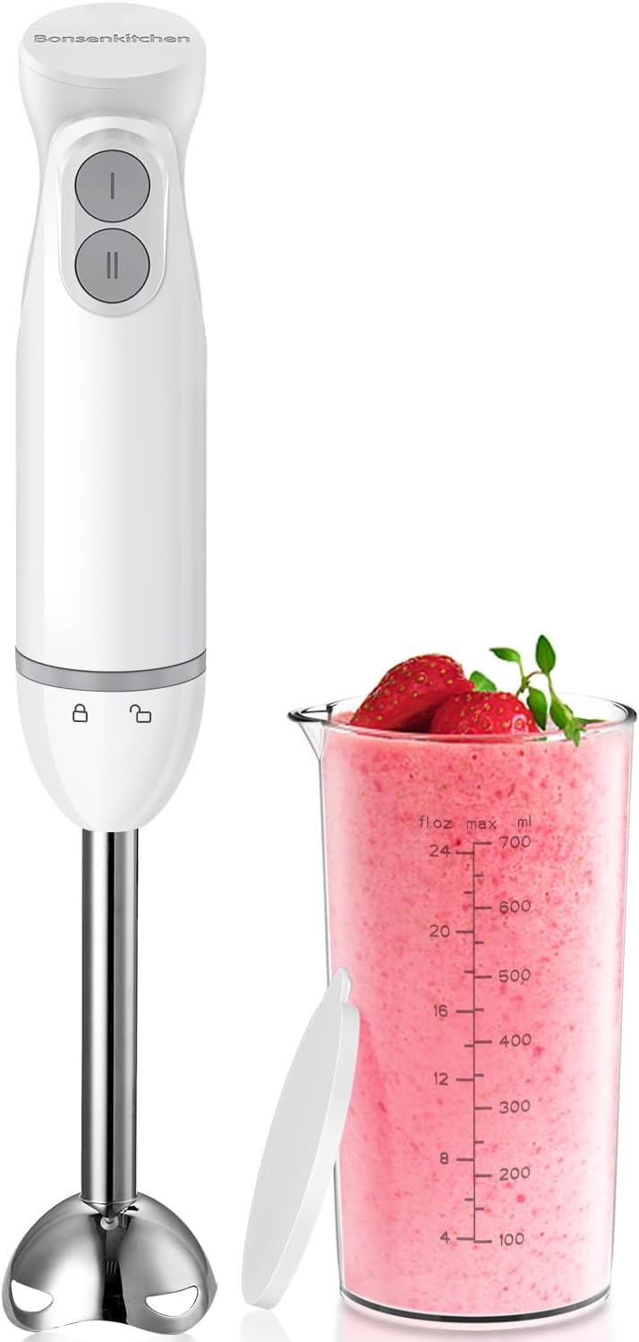 2 en 1 Mixeur Plongeant, 1000 W, en Acier Inoxydable, 2 Vitesses, avec Verre Doseur de 700 ml et Couvercle, pour Préparations pour Bébés, Soupes, Smoothies et Purées Mixeur +Verre Doseur