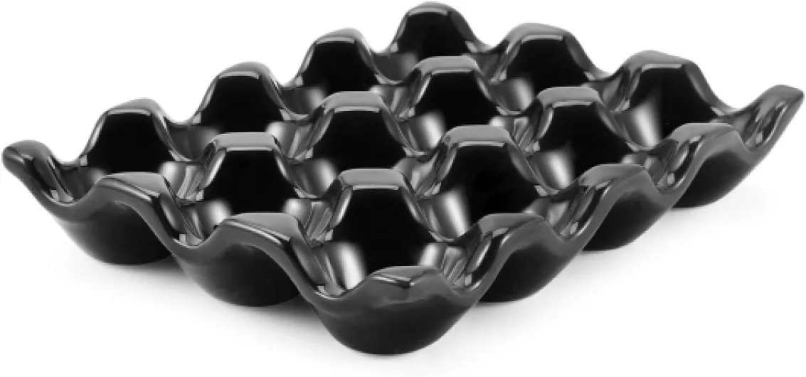 Flexzion Plateau à œufs en céramique pour 12 tasses - Une douzaine de porte-œufs en porcelaine - Récipient de rangement décoratif - Vaisselle de service pour réfrigérateur, plan de travail 1 pack Noir