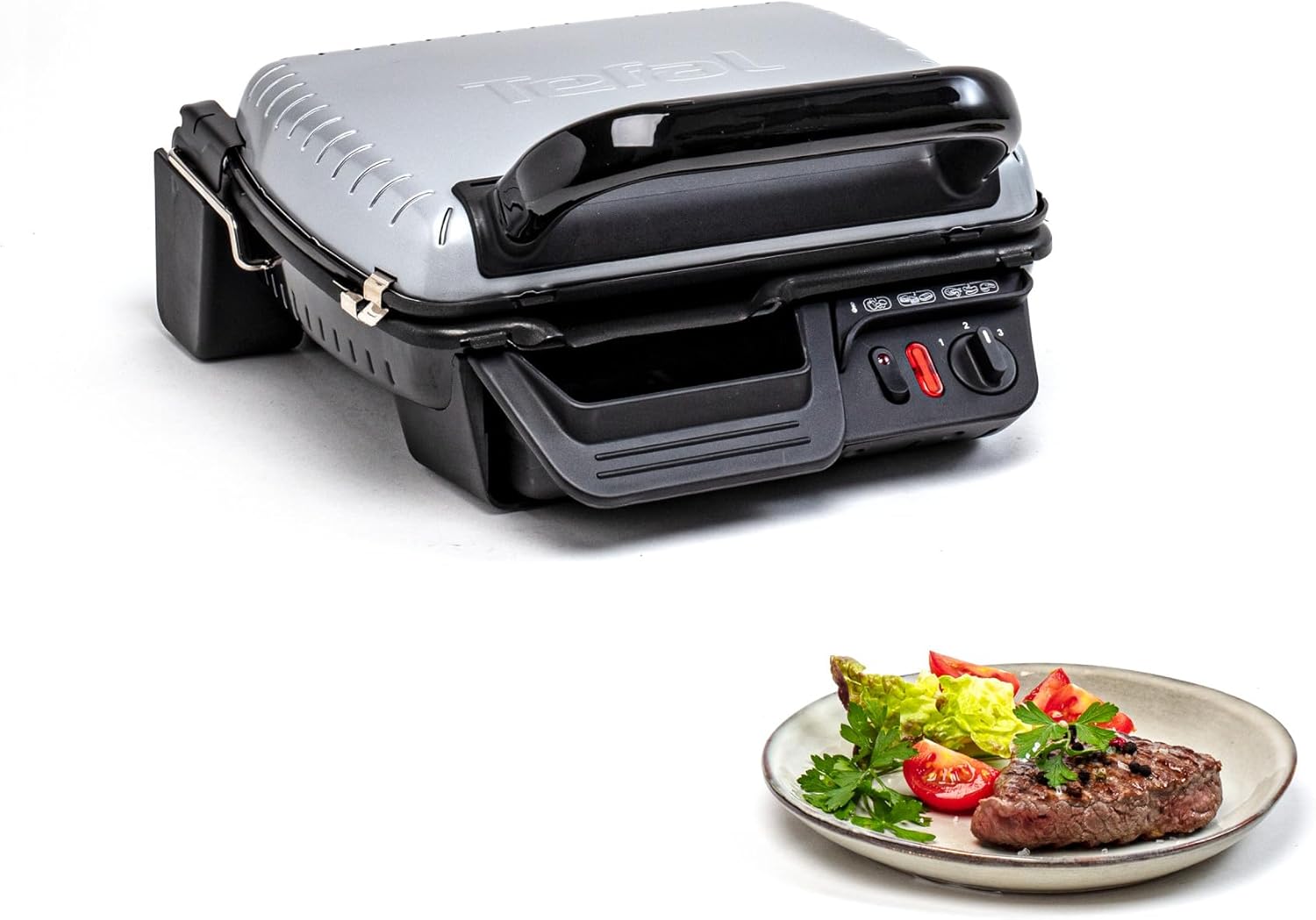 GC305012 Ultra Compact Grill électrique, Position barbecue, 2000 W, Cuisson saine, Plaques antiadhésives compatibles lave-vaisselle, Bac de récupération des jus, Noir, Métallique, Titane Standard 32cm