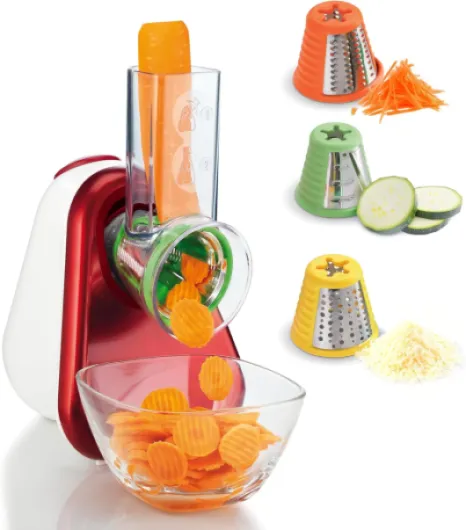 Découpe-légumes électrique, Râpe 3-en-1, Système de cônes de couleur facile, Large goulotte, Pièces amovibles compatibles lave-vaisselle, Fresh Express rouge DJ753510 3 cônes