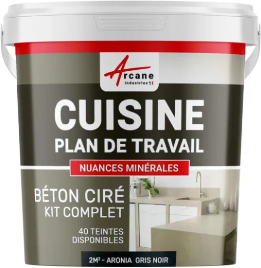 Béton ciré cuisine, plan de travail, crédence, évier sol et mur revêtement mural décoratif kit complet - 2 m² (en 2 couches) Aronia Gris Noir - ARCANE INDUSTRIES