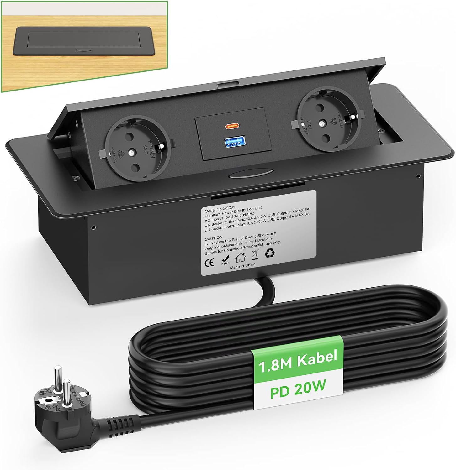 Multiprise Electrique USB C PD20W, Aluminium Prise Encastrable Plan de Travail 2 Prises et USB A, Bloc Prise Escamotable pour Cuisines Bureaux Salle de Réunion, 2500W/10A, 1.8M Câble, HANNELORE 1 Pack Noir