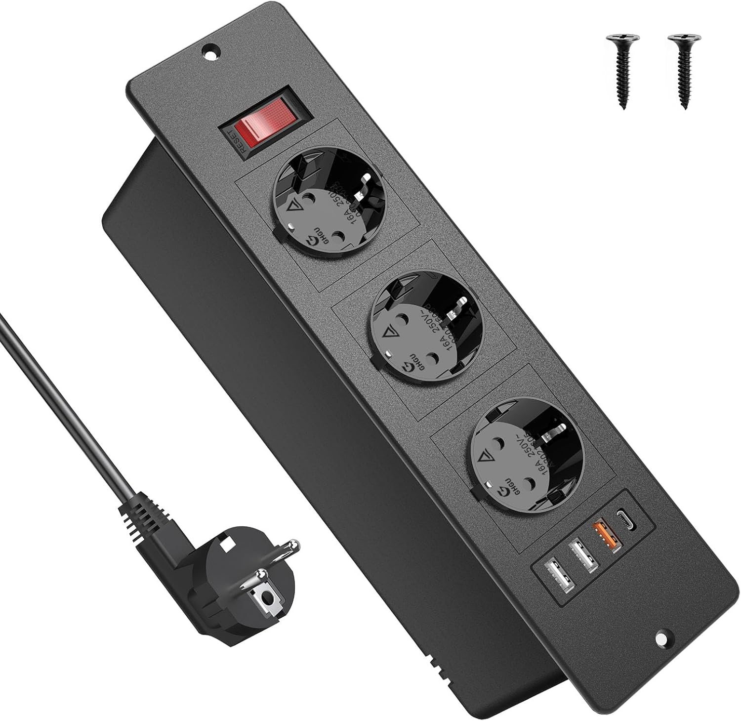 Prise Encastrable Plan de Travail USB C PD20W, Multiprise Encastrable Plan de Travail Cuisine, Multiprise de Table avec Interrupteur, 10A/2500W, 2M Câble Noir