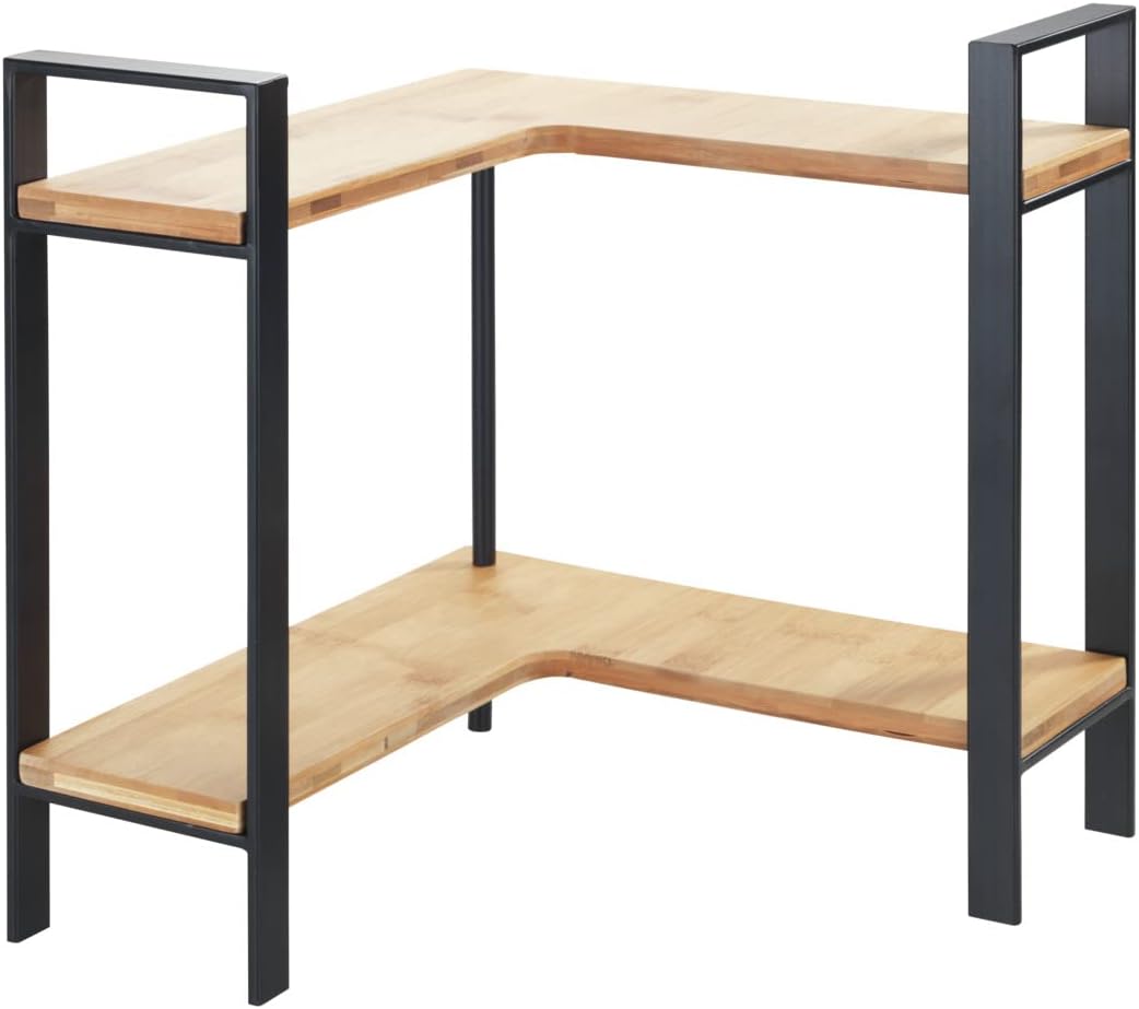 Étagère d'angle de Cuisine à Poser Lou - pour Plan de Travail - Métal avec Planches en Bambou - 2 étages Gain de Place - 30 x 33 x 30 cm - Noir/Bambou