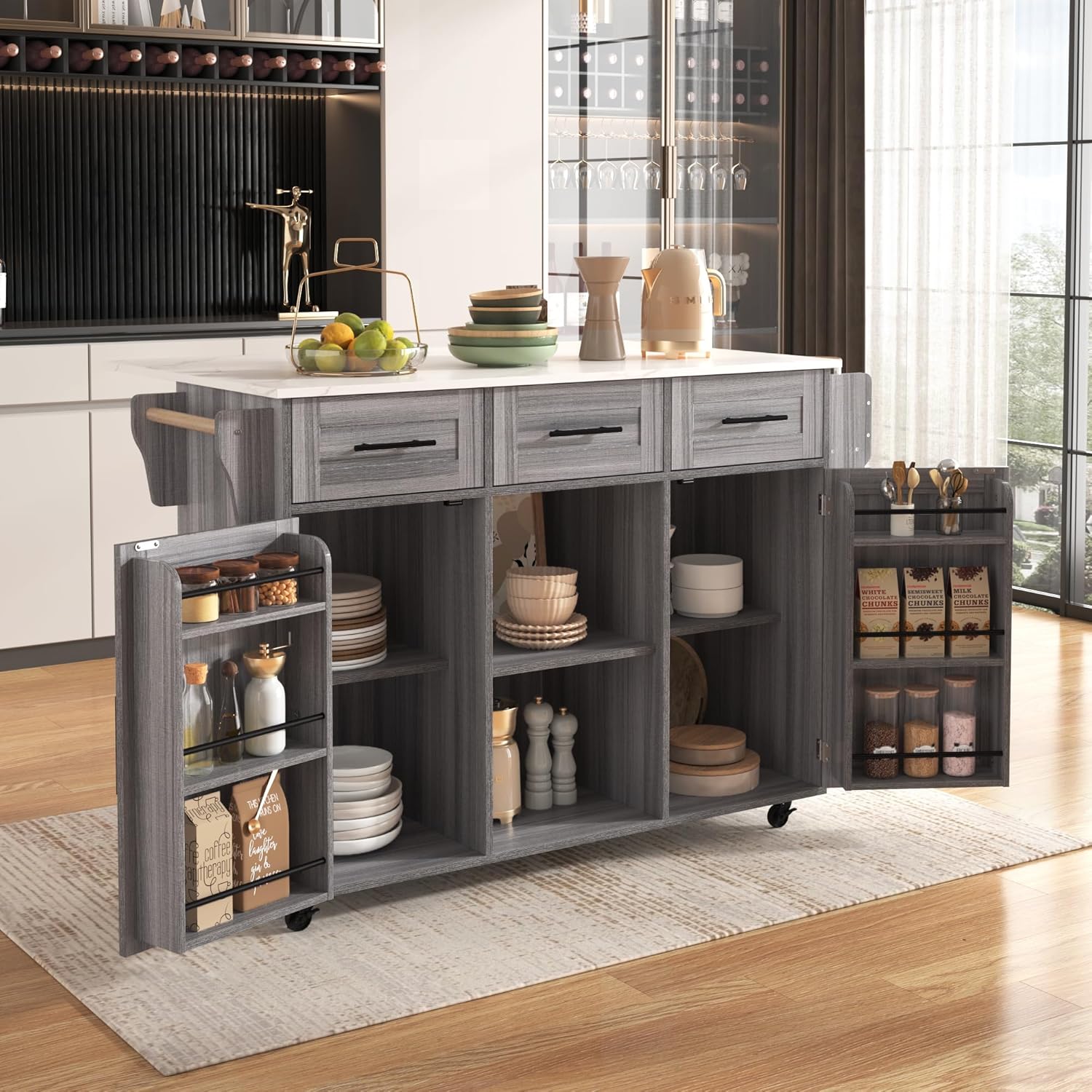 Zepneiy Buffet, Plan de Travail en marbre + Corps de Buffet Gris, Chariot de Rangement 139x46 (71) x 91,5 cm, Gris 139 x 46 x 91,5 cm Gris