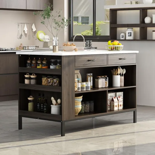 PREMTURE Îlot de Cuisine Avec Plans de Travail en Marbre, Table de Petit-déjeuner, Bar, 2 Tiroirs et Étagères, 75 x 140 x 92 cm, MDF, Marron