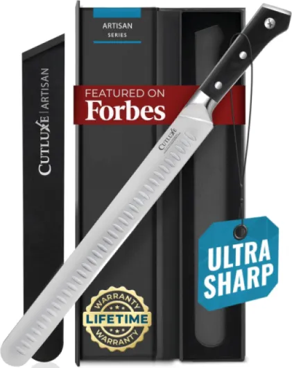Couteau à Découper - Couteau Jambon 30cm - Lame Cuisine Professionnelle Acier Allemand à Forte Teneur en Carbone avec gaine - Couteau Saumon Fumé - Série Artisan 12 pouces
