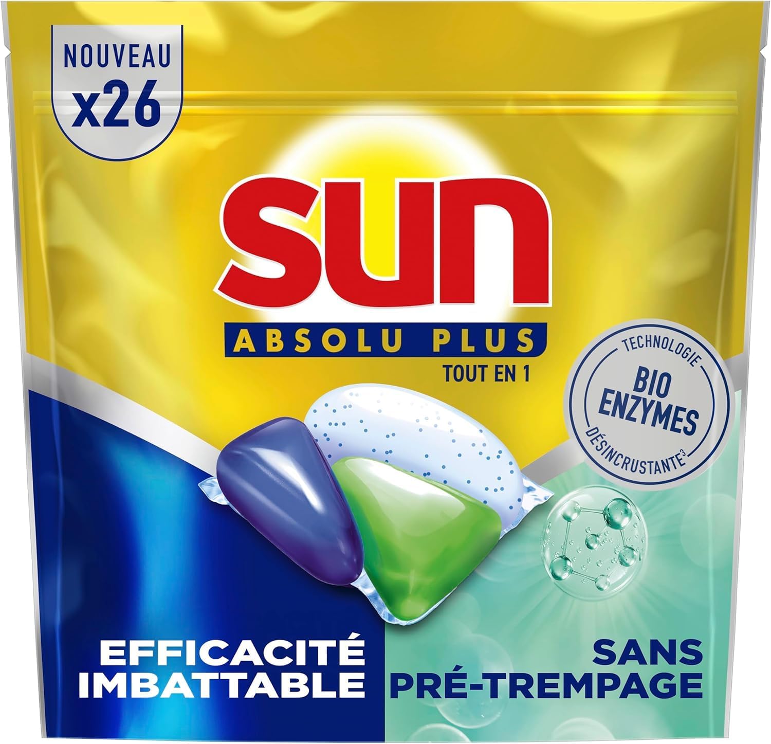 Absolu Plus Pastilles Lave-Vaisselle Tout en 1 Bio-Enzymes - 26 Capsules - sans prétrempage - tablettes imbattables sur les taches tenaces Bio Enzymes 26 unité (Lot de 1)