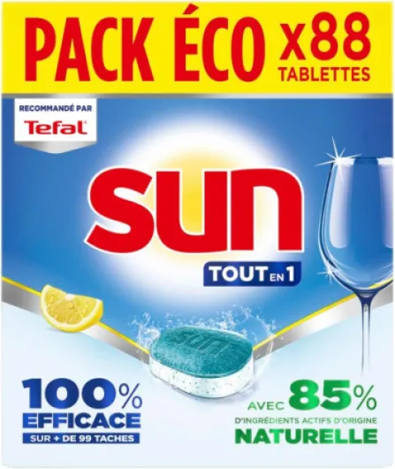 Pastilles lave-vaisselle Tout en 1 Citron - 88 tablettes - avec 85% d'ingrédients d'origine naturelle - 100% efficace sur + de 99 taches - Fabriqué en France 88 unité (Lot de 1)