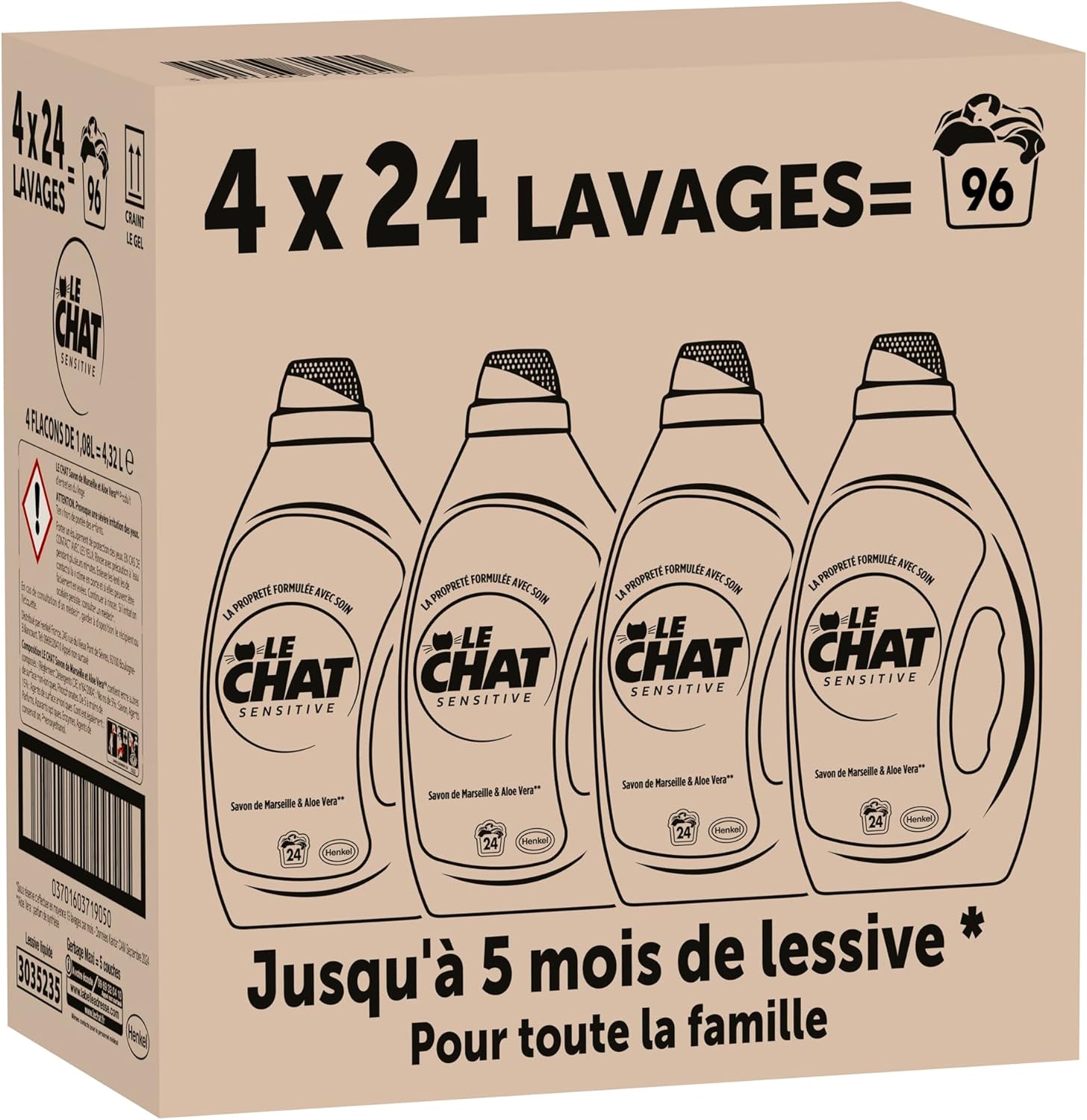 , Lessive liquide, Sensitive, Savon de Marseille & Aloe Vera, respecte les peaux sensibles, sans conservateurs, Parfum Hypoallergenique, Teste dermatologiquement, 4x24 lavages