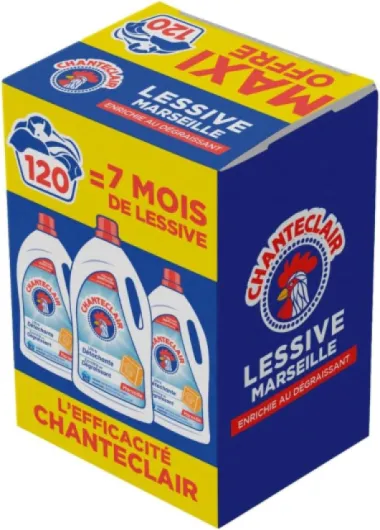 Lessive Liquide Concentrées Marseille, Enrichie au Dégraissant, Ultra Détachantes et Efficaces aussi à Froid, 40 lavages - 1800 ml x 3