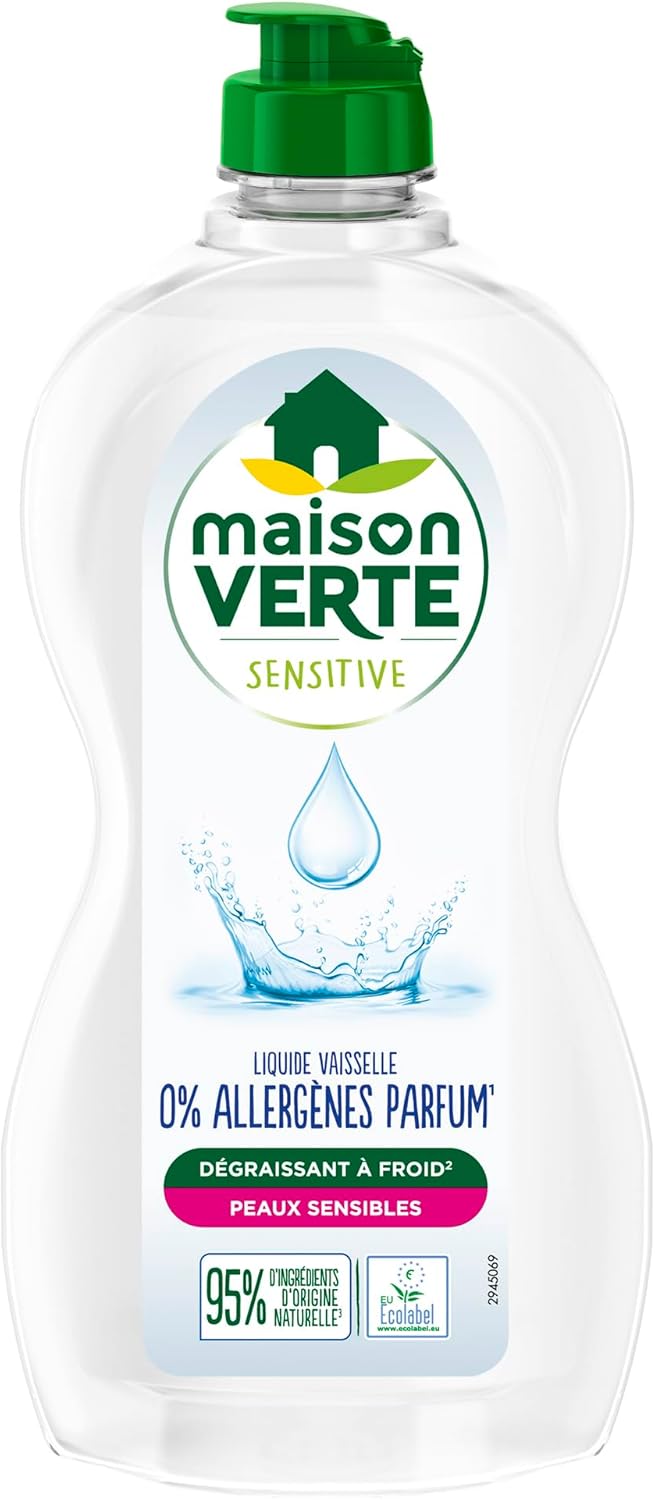 Sensitive - Liquide Vaisselle - 0% Allergènes Parfum - Dégraissant à Froid - Pour Peaux Sensibles - 95% d'ingrédients d'origine naturelle - 500ml Translucide 500 ml (Lot de 1)
