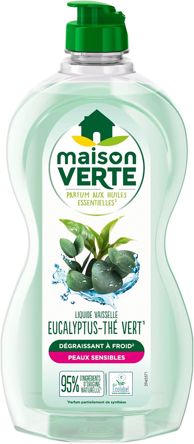 Parfum aux Huiles Essentielles - Liquide Vaisselle - Parfum Eucalyptus-Thé Vert - Dégraissant à Froid - Pour Peaux Sensibles - 95% d'ingrédients d'origine naturelle - 500ml