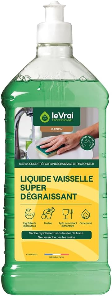 Liquide Vaisselle Super Dégraissant - Élimine Graisses et Résidus - Ecologique - Parfum Fruité - Fabrication Française - Flacon 1 L