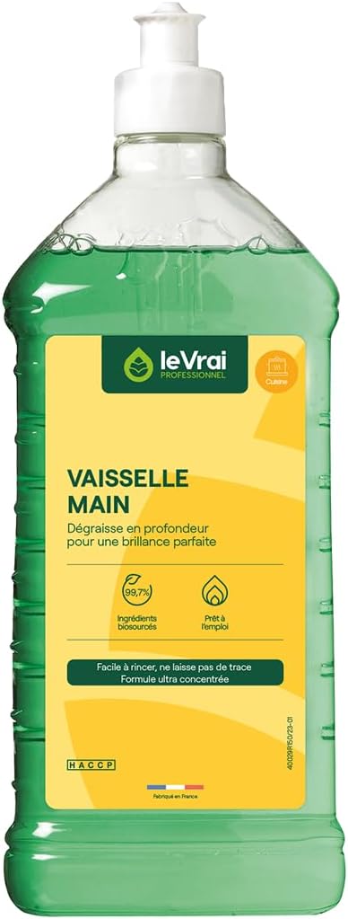 Liquide Vaisselle, Parfum Fruité - Ultra Dégraissant, Non moussant, Haute Brillance - Désincruste les Salissures - Fabrication Française - Flacon 1 L