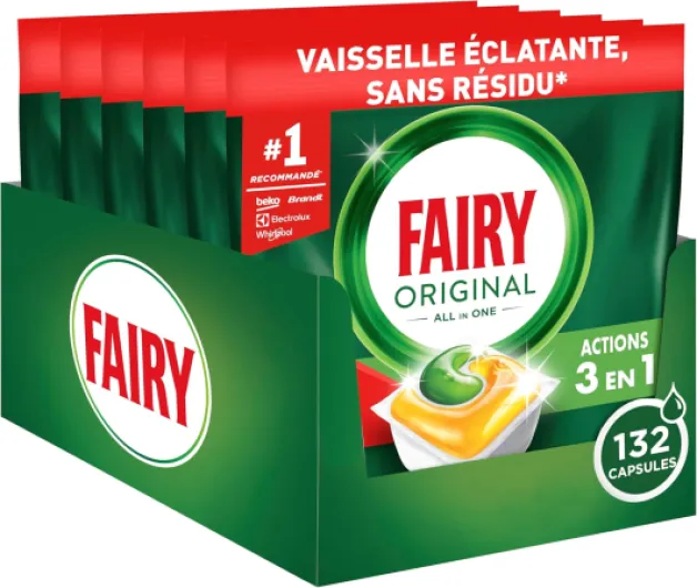Original Tablettes Lave-Vaisselle Tout En 1,Citron, 132 Capsules, Efficaces Contre Graisse Incrustée, Dissolution Ultra-Rapide, Protection Verre et Argent, Sans Odeurs 1 unité (Lot de 132)