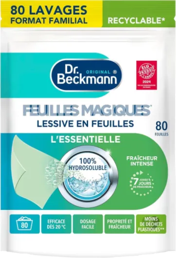 Dr - Beckmann - Lessive en feuilles L'ESSENTIELLE - Feuilles Magiques - Désinfectant Linge Pré-Dosé, Pratique et Léger - 100% Hydrosoluble - Produit Ménager Maison Facile à Utiliser - 80 Feuilles