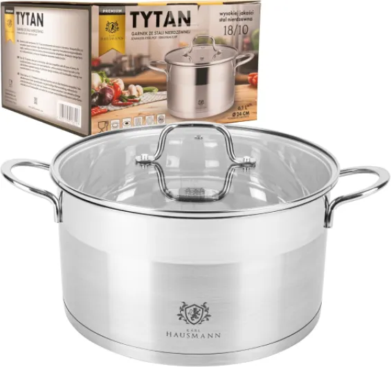KARL HAUSMANN Faitout Inox - 6.1L - 24 cm - Marmite Induction en Acier Inoxydable 18/10 - Casserole avec Couvercle en Verre - fait tout tous feux - Faitouts Avec Échelle de Mesure - Cocotte Inox