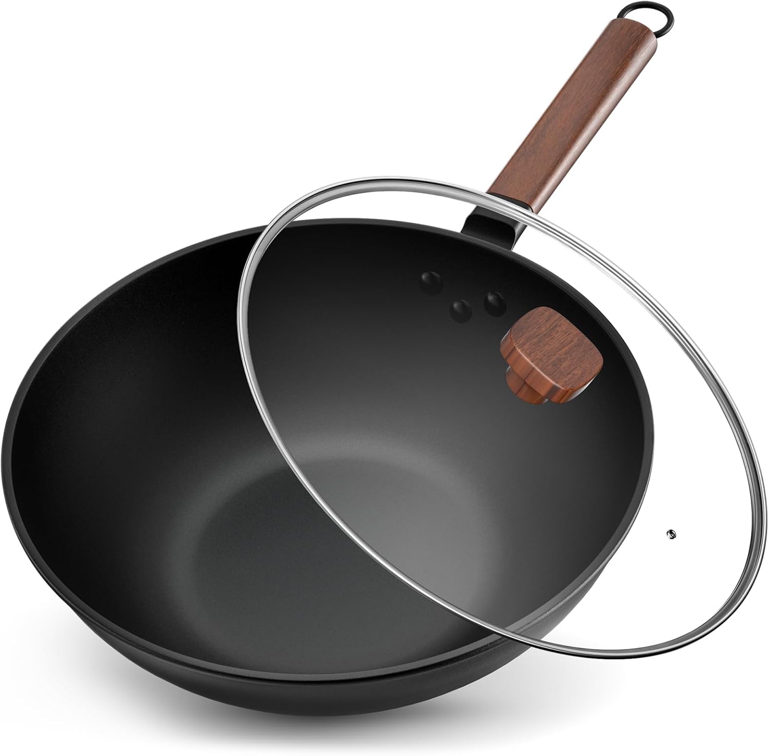 33 cm/5,6L Wok en Acier au Carbone Avec Couvercle - Sans Revêtement Chimique - Cuisiner des Plats Asiatiques pour 4-6 Personnes - Convient à Induction/Electrique/Gas Noir A