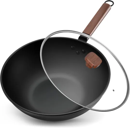 33 cm/5,6L Wok en Acier au Carbone Avec Couvercle - Sans Revêtement Chimique - Cuisiner des Plats Asiatiques pour 4-6 Personnes - Convient à Induction/Electrique/Gas Noir A