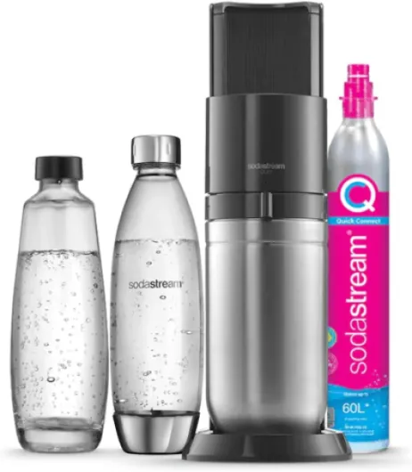 DUO Machine à Eau Pétillante et Soda pour Carafe en Verre - Pack 1 Carafe en Verre 1L + 1 Bouteille 1L Finition Acier Inoxydable Lave-Vaisselle + 1 Recharge de Gaz 60L à Clipser - Noire